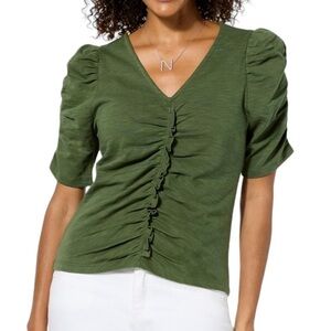 Democracy Green Ruched Puff Short Sleeve Cotton